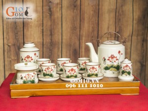 Bộ tích sen đỏ men kem 1,25Lit, đầy đủ phụ kiện