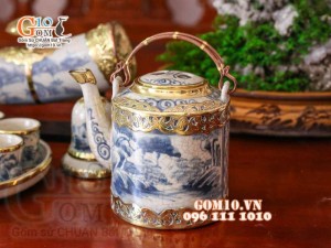 Bộ tích trà men rạn cổ bọc đồng, đầy đủ phụ kiện + điếu ngà