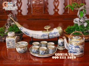 Bộ tích trà men rạn cổ bọc đồng, đầy đủ phụ kiện + điếu ngà