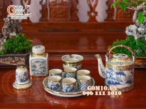 Bộ tích trà men rạn cổ bọc đồng, đầy đủ phụ kiện