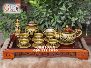 Bộ trà hồng dẹt men cổ khắc nổi phù dung đầy đủ phụ kiện Bộ trà hồng dẹt men cổ khắc nổi phù dung đầy đủ phụ kiện