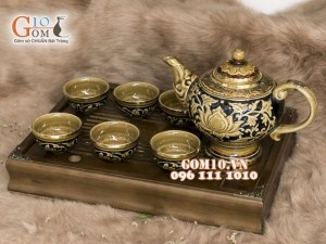 Bộ trà men cổ bọc đồng  hoa sen