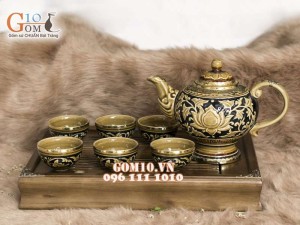Bộ trà men cổ bọc đồng  hoa sen