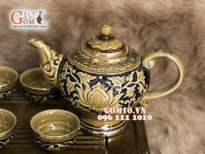 Bộ trà men cổ bọc đồng  hoa sen