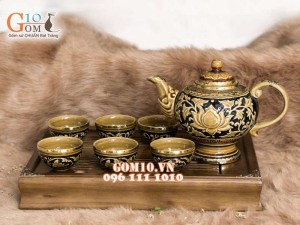 Bộ trà men cổ bọc đồng  hoa sen