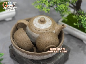 Bộ ấm chén nhị ẩm gốm hồng sa, quẹt trắng khay tròn, 100ml