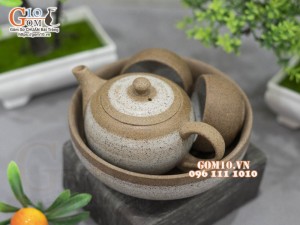 Bộ ấm chén nhị ẩm gốm hồng sa, quẹt trắng khay tròn, 100ml