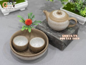 Bộ ấm chén nhị ẩm gốm hồng sa, quẹt trắng khay tròn, 100ml