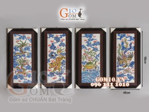Bộ tranh sứ cao cấp đắp nổi tứ linh Long Lan Quy Phụng, 100x50cm