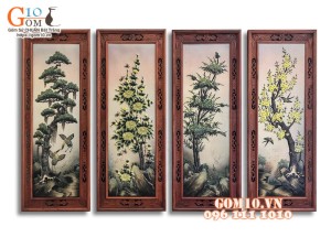 Bộ tranh sứ đắp nổi cao cấp Tứ Cảnh Tùng Cúc Trúc Mai, 128x40cm