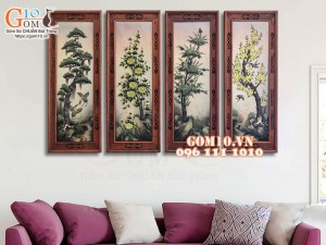 Bộ tranh sứ đắp nổi cao cấp Tứ Cảnh Tùng Cúc Trúc Mai, 128x40cm