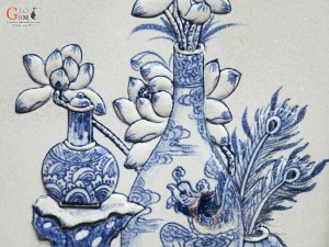 Bộ tranh sứ đắp nổi Cổ Đồ Phú Quý kích thước 98x48cm