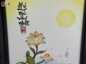 Bộ tranh sứ đắp nổi Lý Ngư Vọng Nguyệt màu cam, 86x42cm