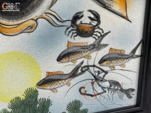 Bộ tranh sứ đắp nổi Lý Ngư Vọng Nguyệt màu cam, 86x42cm