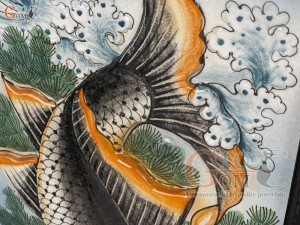 Bộ tranh sứ đắp nổi Lý Ngư Vọng Nguyệt màu cam, 86x42cm