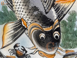 Bộ tranh sứ đắp nổi Lý Ngư Vọng Nguyệt màu cam, 86x42cm