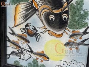 Bộ tranh sứ đắp nổi Lý Ngư Vọng Nguyệt màu cam, 86x42cm