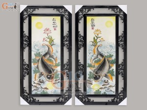 Bộ tranh sứ đắp nổi Lý Ngư Vọng Nguyệt màu cam, 86x42cm Bộ tranh sứ đắp nổi Lý Ngư Vọng Nguyệt màu cam, 86x42cm