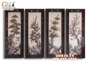 Bộ tranh sứ đắp nổi Tứ Quý Tùng Cúc Trúc Mai cổ, 128x40cm