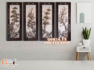 Bộ tranh sứ đắp nổi Tứ Quý Tùng Cúc Trúc Mai cổ, 128x40cm