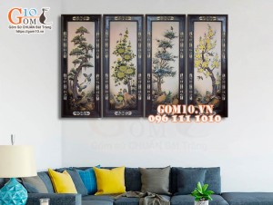Bộ tranh sứ đắp nổi Tứ Cảnh Tùng Cúc Trúc Mai màu, 128x40cm