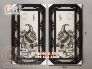 Bộ tranh sứ thủy mặc đắp nổi Lý Ngư Vọng Nguyệt, 100x50cm