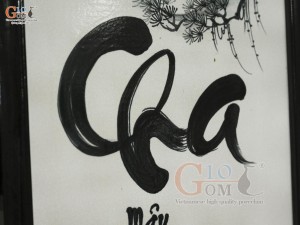 Bộ tranh sứ vẽ thư pháp Công Cha Tình Mẹ, kích thước 98x48cm