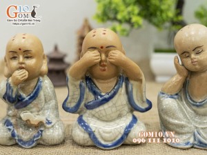 Bộ tượng gốm Tứ Không men rạn, cao 10cm