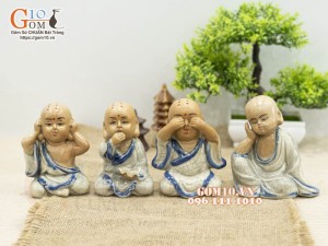 Bộ tượng gốm Tứ Không men rạn, cao 10cm
