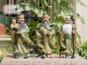 Bộ tượng tam đa Phúc Lộc Thọ men ngọc áo lệch, cao 55cm