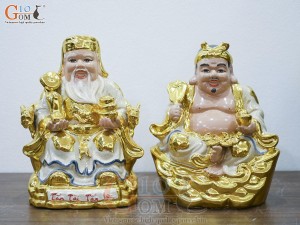 Bộ tượng Thần Tài - Thổ Địa men rạn dát vàng, cao 30cm