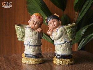 Bộ tượng Tiên đồng ngọc nữ men rạn, cao 28cm