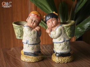 Bộ tượng Tiên đồng ngọc nữ men rạn, cao 28cm