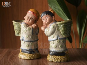 Bộ tượng Tiên đồng ngọc nữ men rạn, cao 28cm