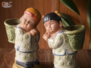 Bộ tượng Tiên đồng ngọc nữ men rạn, cao 28cm