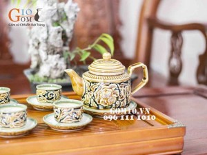 Bộ vai vuông khắc nổi hoa phù dung, đủ phụ kiện