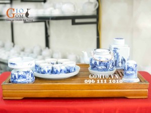 Bộ vung lõm men lam cổ, cảnh trúc lâm thất hiền, khay tròn kẻ chỉ vàng kim, đủ phụ kiện