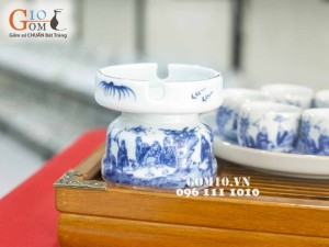 Bộ vung lõm men lam cổ, cảnh trúc lâm thất hiền, khay tròn kẻ chỉ vàng kim, đủ phụ kiện