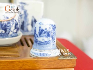 Bộ vung lõm men lam cổ, cảnh trúc lâm thất hiền, khay tròn kẻ chỉ vàng kim, đủ phụ kiện