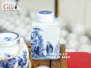 Bộ vung lõm men lam cổ, cảnh trúc lâm thất hiền, khay tròn kẻ chỉ vàng kim, đủ phụ kiện