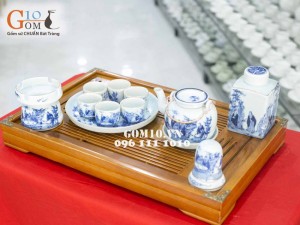 Bộ vung lõm men lam cổ, cảnh trúc lâm thất hiền, khay tròn kẻ chỉ vàng kim, đủ phụ kiện