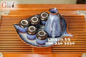 Bộ xa kê đĩa lá men xanh sóng biển