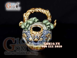 Bình vôi tài lộc men rạn đắp nổi đầu rồng, cao 17cm