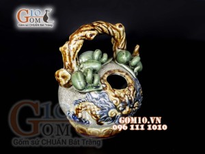 Bình vôi tài lộc men rạn đắp nổi đầu rồng, cao 17cm