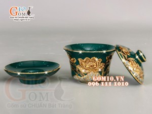 Bát trà sâm Xanh lục bảo đắp nổi Sen - vẽ vàng 24k