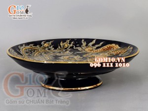 Mâm bồng Xanh coban đắp nổi Long Phụng Chầu Nguyệt - vẽ vàng 24k, đường kính 30cm