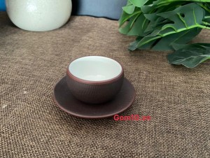 Cặp chén đĩa gốm hồng sa nâu son