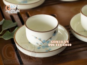 Cặp chén đĩa lẻ bộ ấm chén men kem vẽ đào xanh 