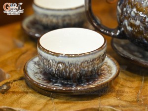 Cặp chén đĩa men hỏa biến vân đá