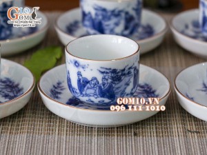 Cặp chén đĩa men lam cổ hoạ tiết trúc lâm thất hiền,kẻ chỉ vàng kim